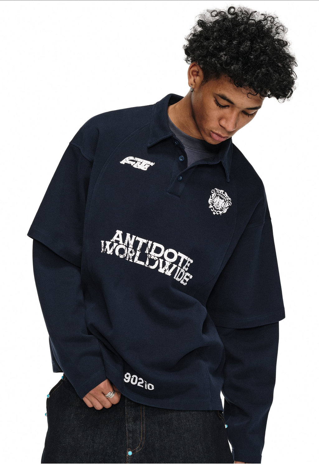 ANTIDOTE Logo & Badge Printed Layered Long Sleeve Polo