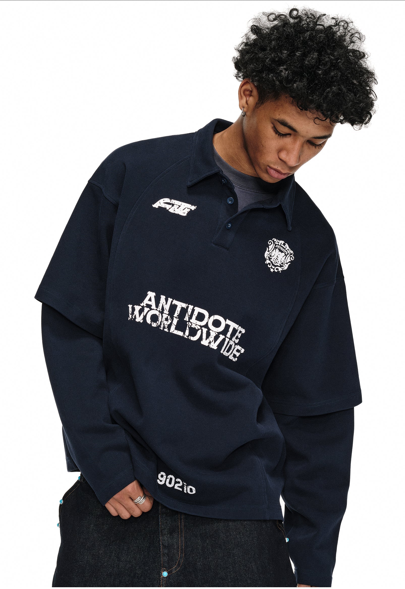 ANTIDOTE Logo & Badge Printed Layered Long Sleeve Polo