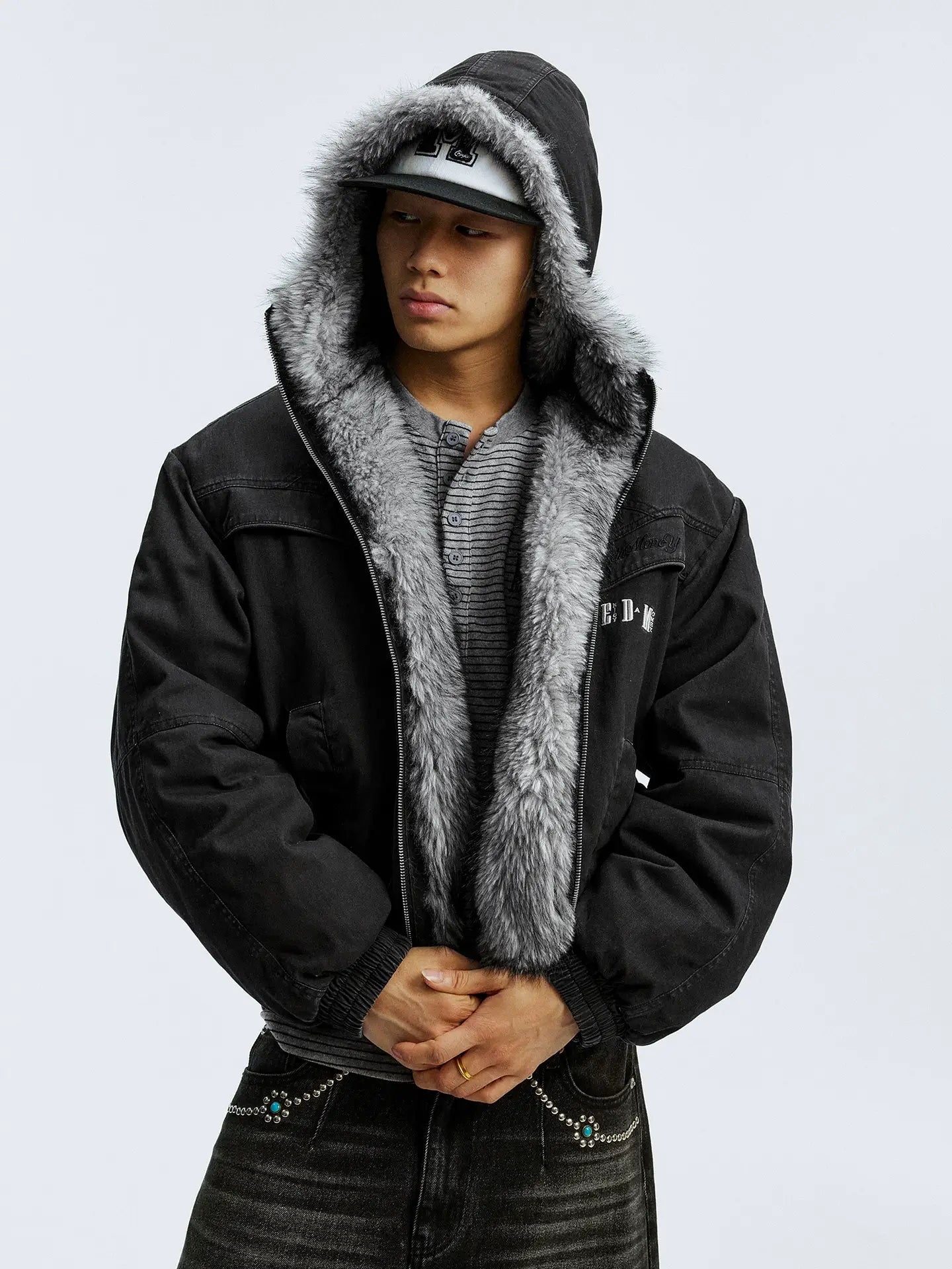 MEDM Fur Lined Washed Work Hooded Jacket