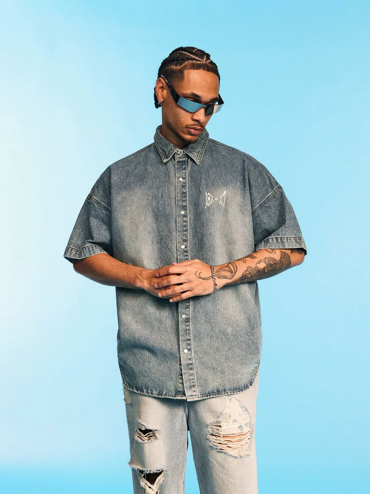 1807 Distressed Logo Washed Denim Short Sleeve Shirt