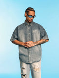 1807 Distressed Logo Washed Denim Short Sleeve Shirt