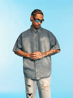 1807 Distressed Logo Washed Denim Short Sleeve Shirt