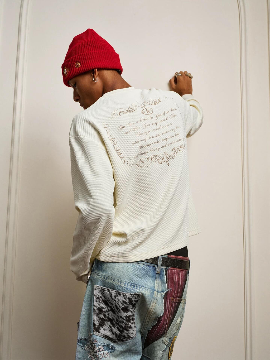 YADcrew Horse Vintage Print Waffle Long Sleeve Tee