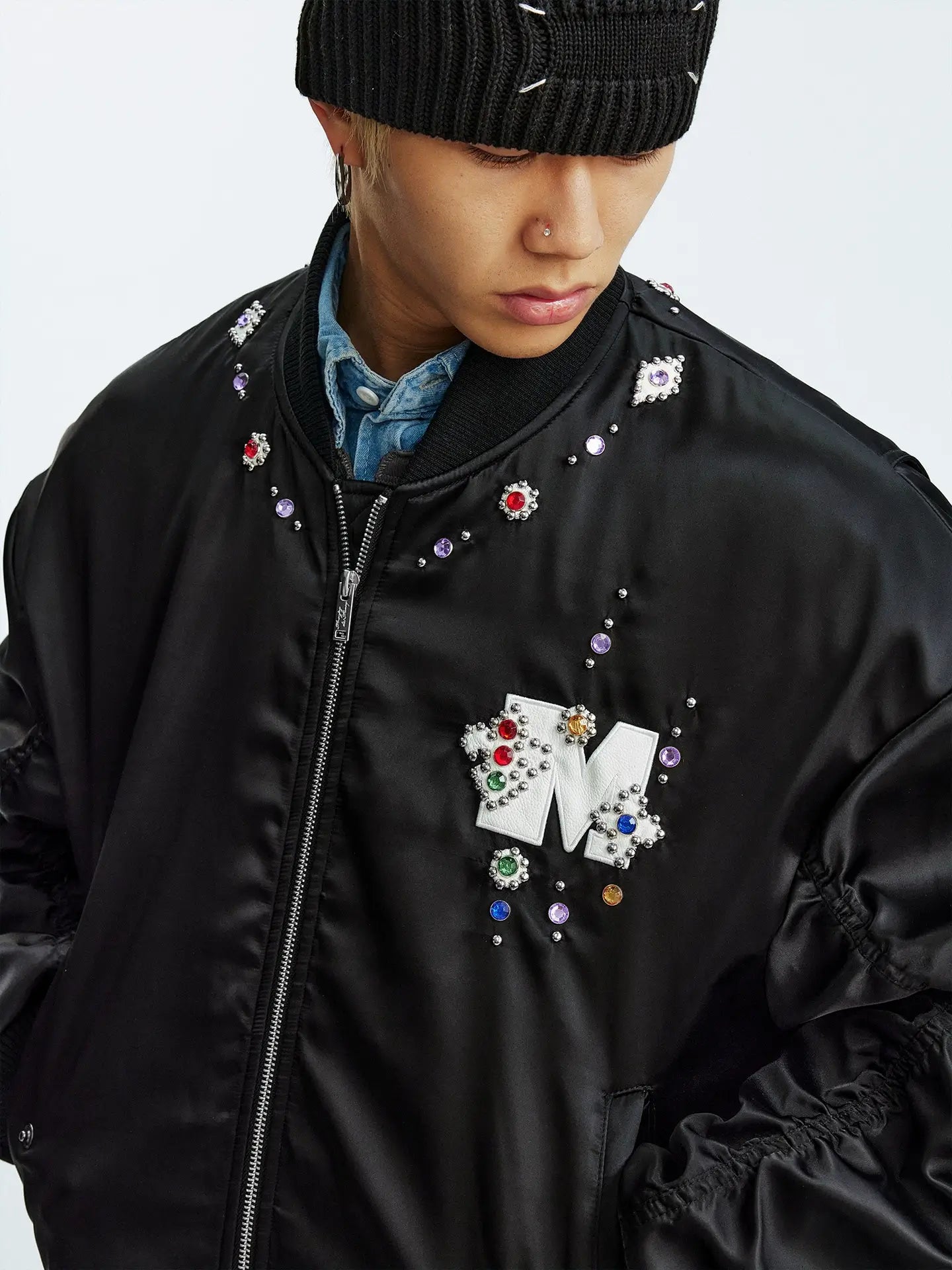 MEDM Gemstone Studded Leather Patch MA-1 Bomber Jacket
