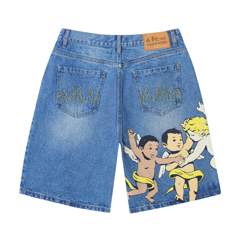 AFGK Three Angels Flame Embroidered Denim Shorts / Jorts