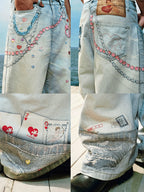 YADcrew Cute Heart Photorealistic Print Jeans
