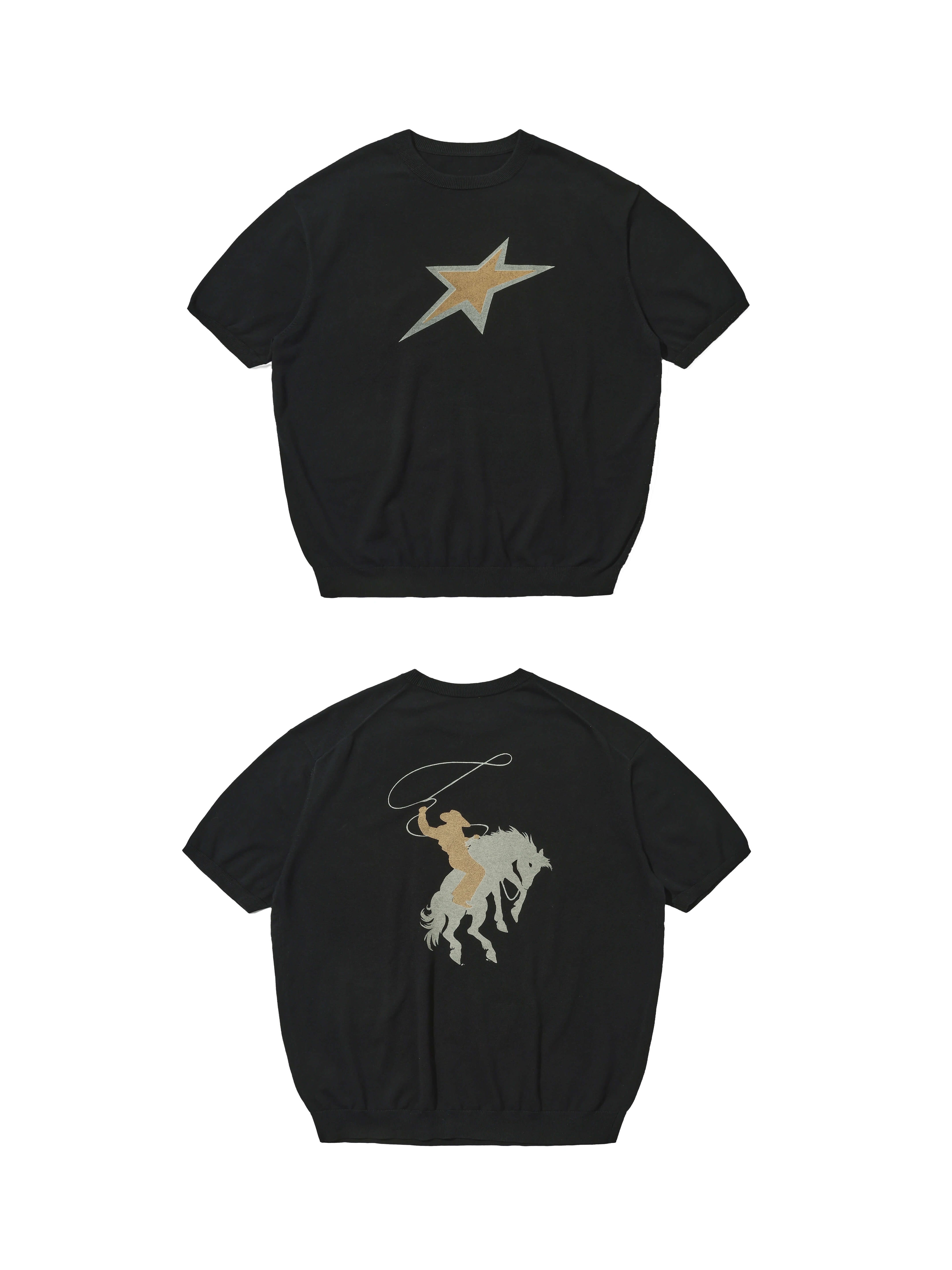 LIBERAFIT Star Cowboy Print Cotton Knit Ribbed Trim Short Sleeve Tee