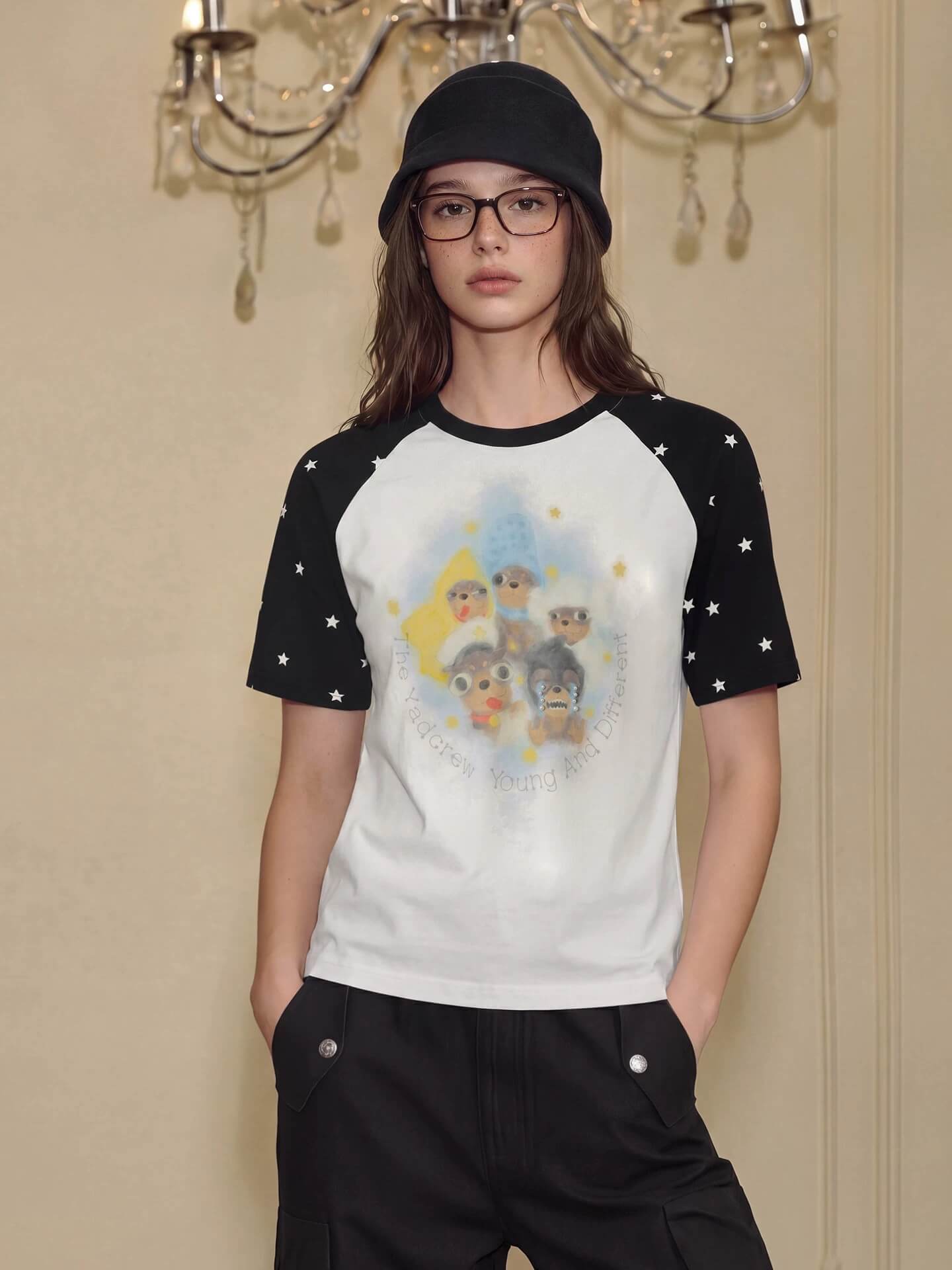 YADcrew Cartoon Dog Print Star Raglan Color Block Tee