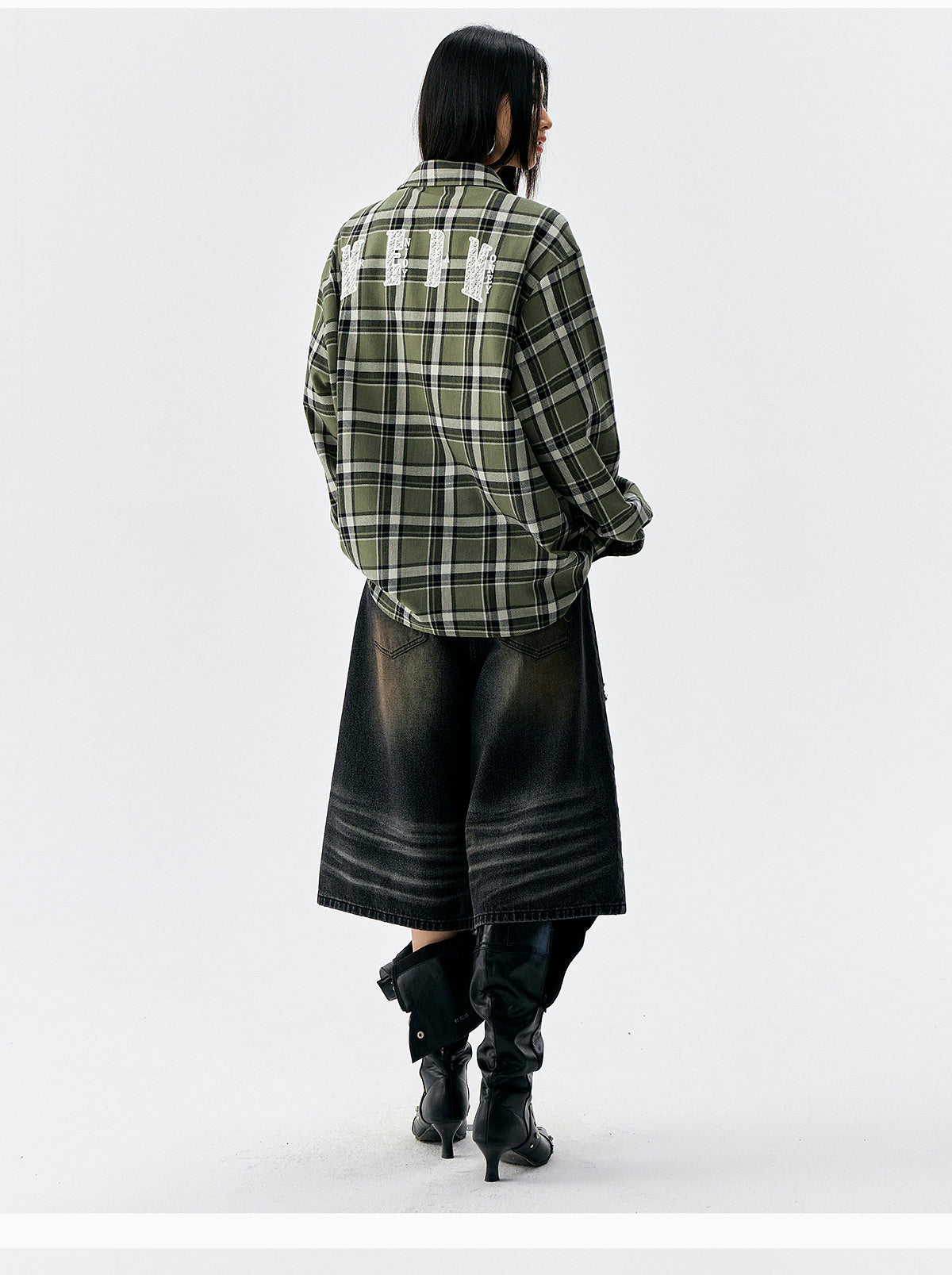 MEDM Green Pearl Embroidery Plaid Long Sleeve Shirt