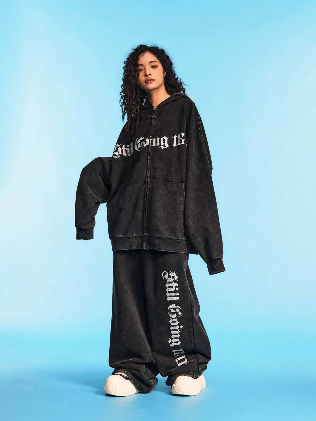 1807 Gothic Printed Washed Zip Up Hoodie