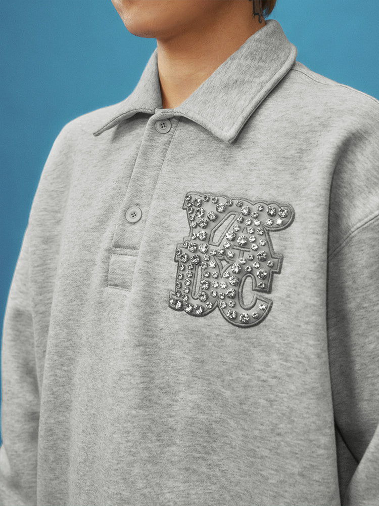 YADcrew Diamond-Studded Leather Logo Polo Sweatshirt