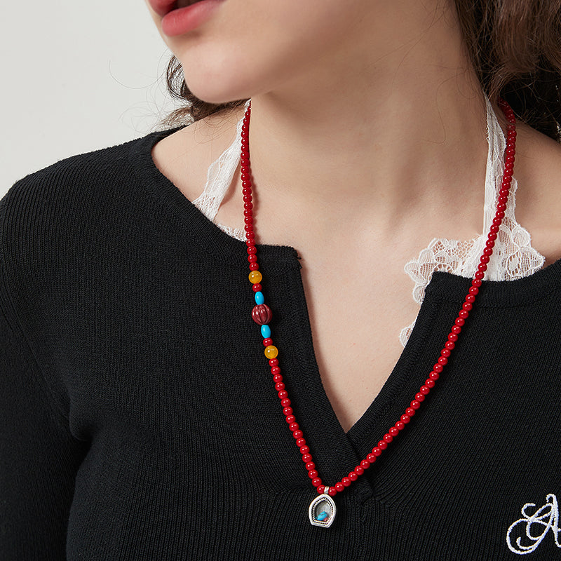 AWE Copper Box Pendant Red Beaded Necklace