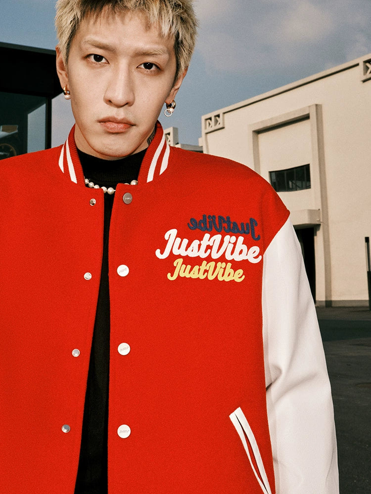 JUST VIBE Terry Multicolor Logo PU Leather Varsity Jacket