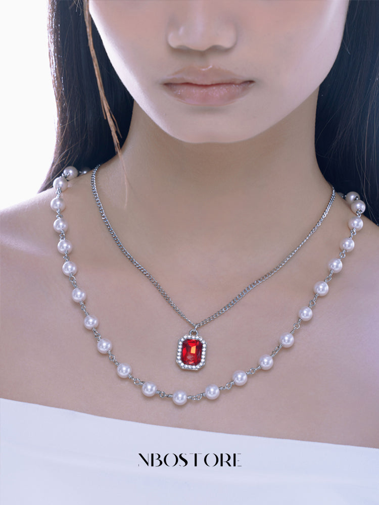 NboStore Pearl Stitching Red Gemstone Necklace