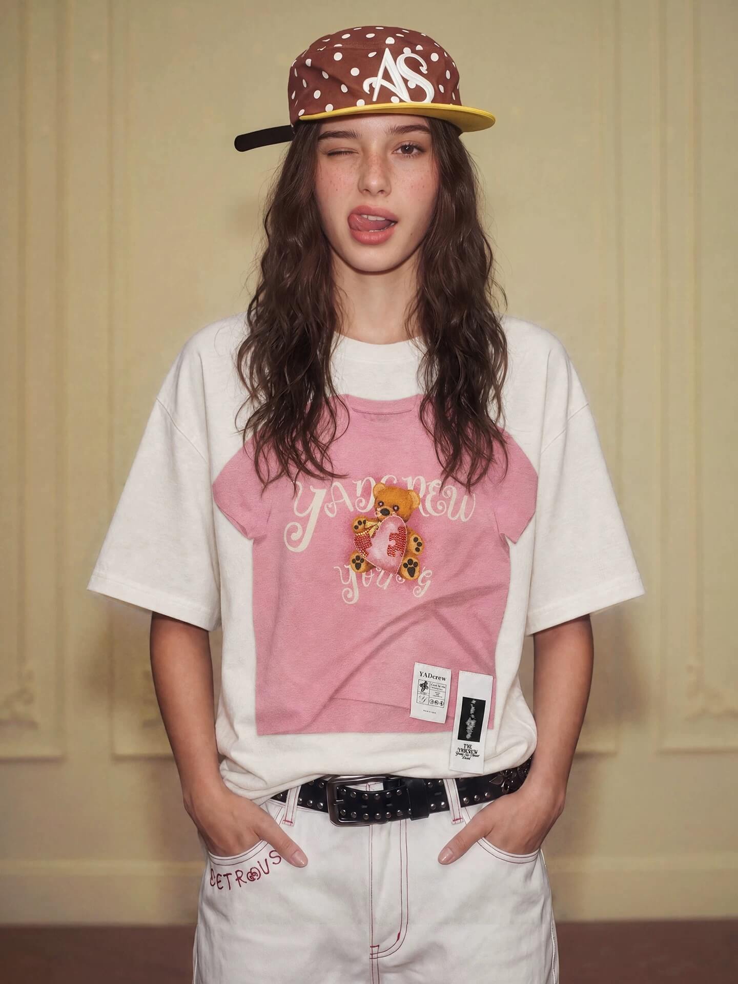 YADcrew Digital Print Cute Bear Rhinestone Tee