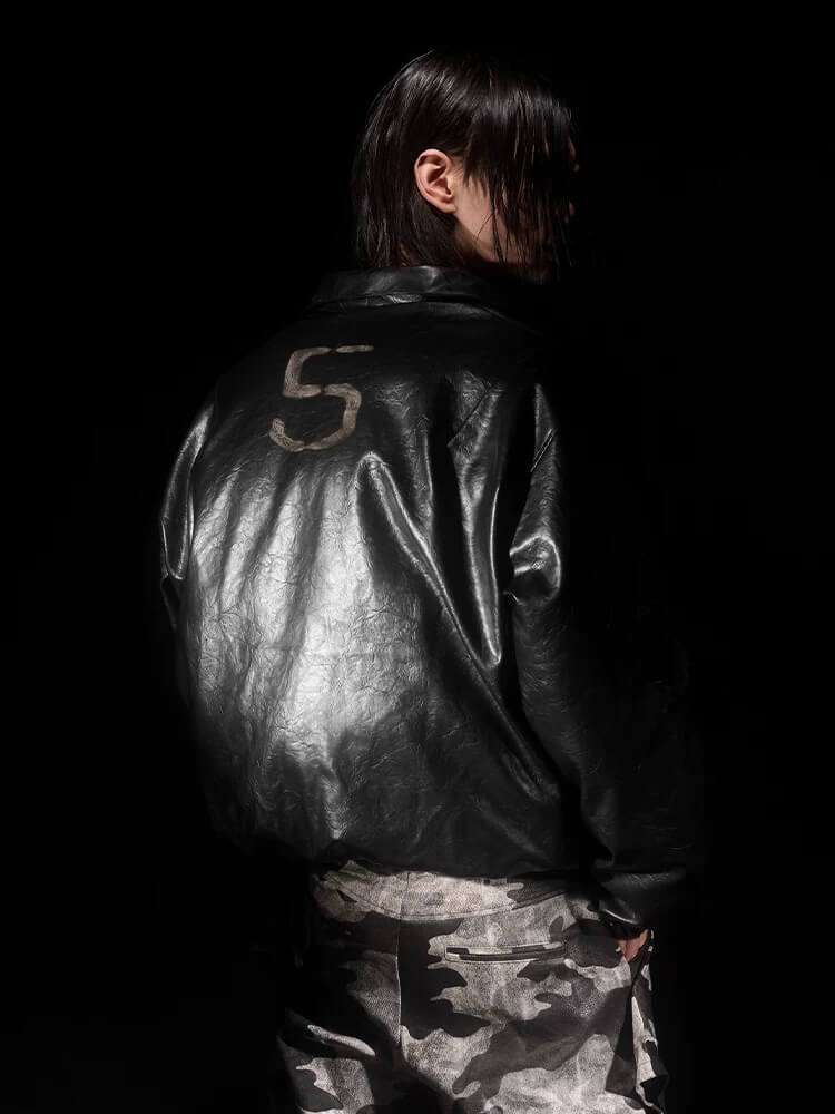 Night Lab Military 5 Painted PU Leather Puffer Bomber Jacket