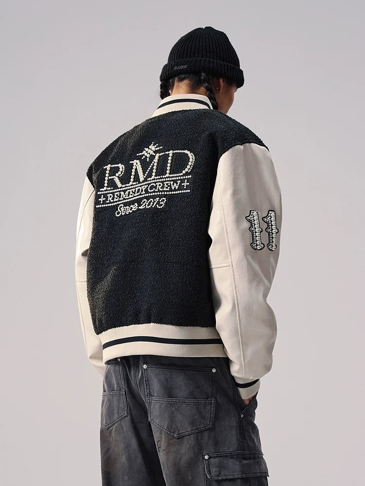 Remedy RMD Pearl Embroidered Leather Varsity Jacket