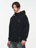 BLIND NO PLAN Washed Print Metal Detail Zip-Up Hoodie