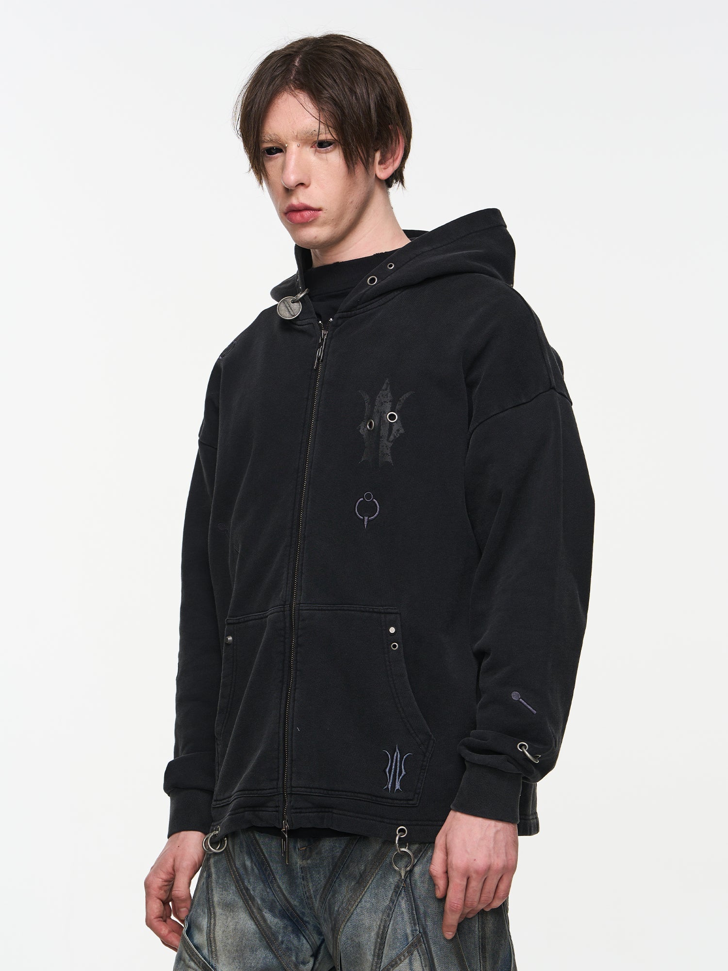 BLIND NO PLAN Washed Print Metal Detail Zip-Up Hoodie