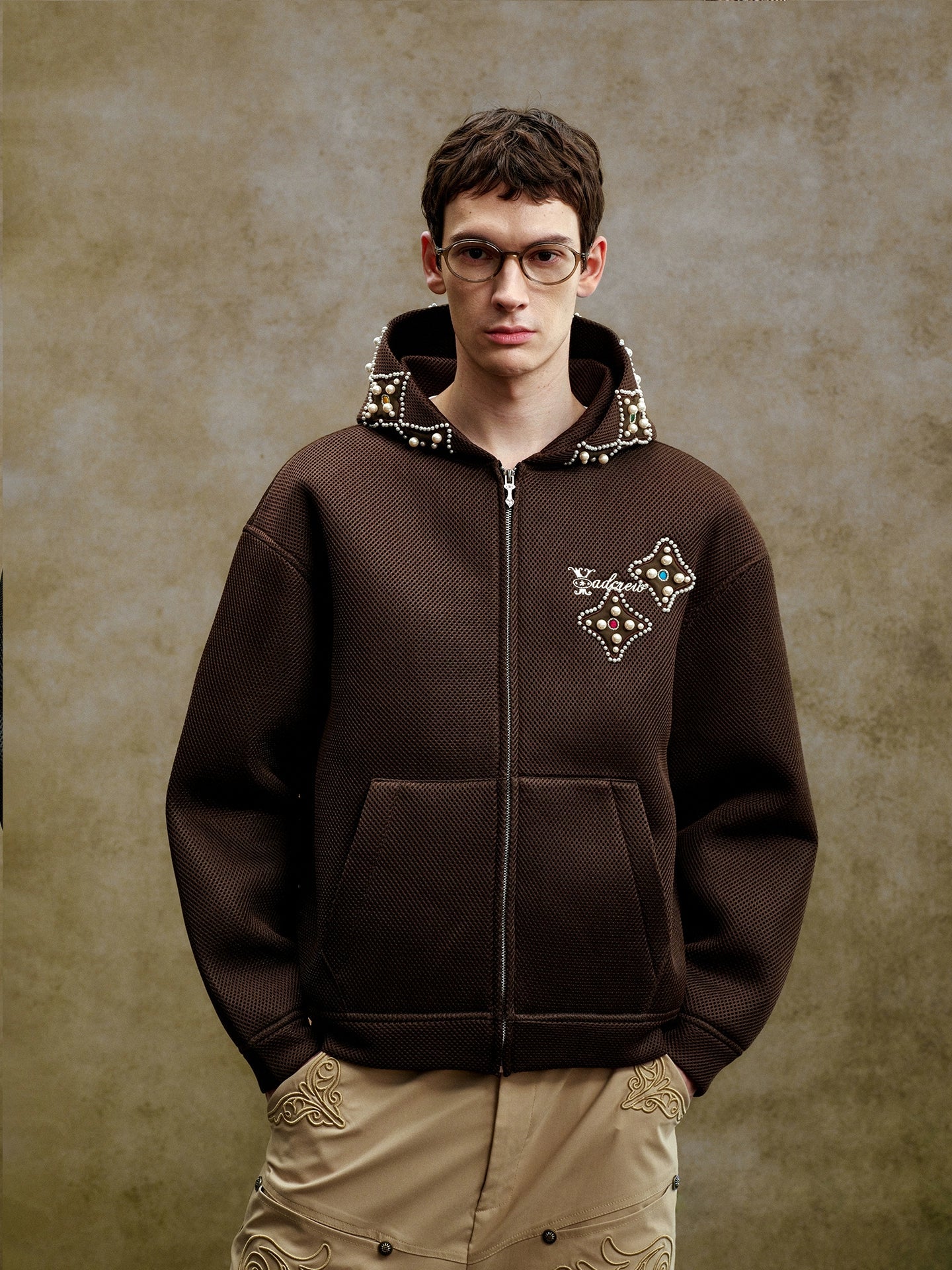 YADcrew Colorful Gemstone Pearl Mesh Zip Up Hoodie