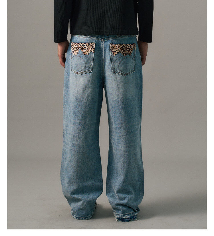 S45 Leopard Patchwork Washed Flared Jeans