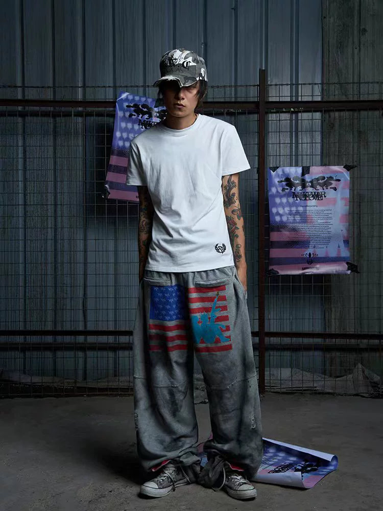 KARMANISTIC Distressed Flag Print Jogger Sweatpants