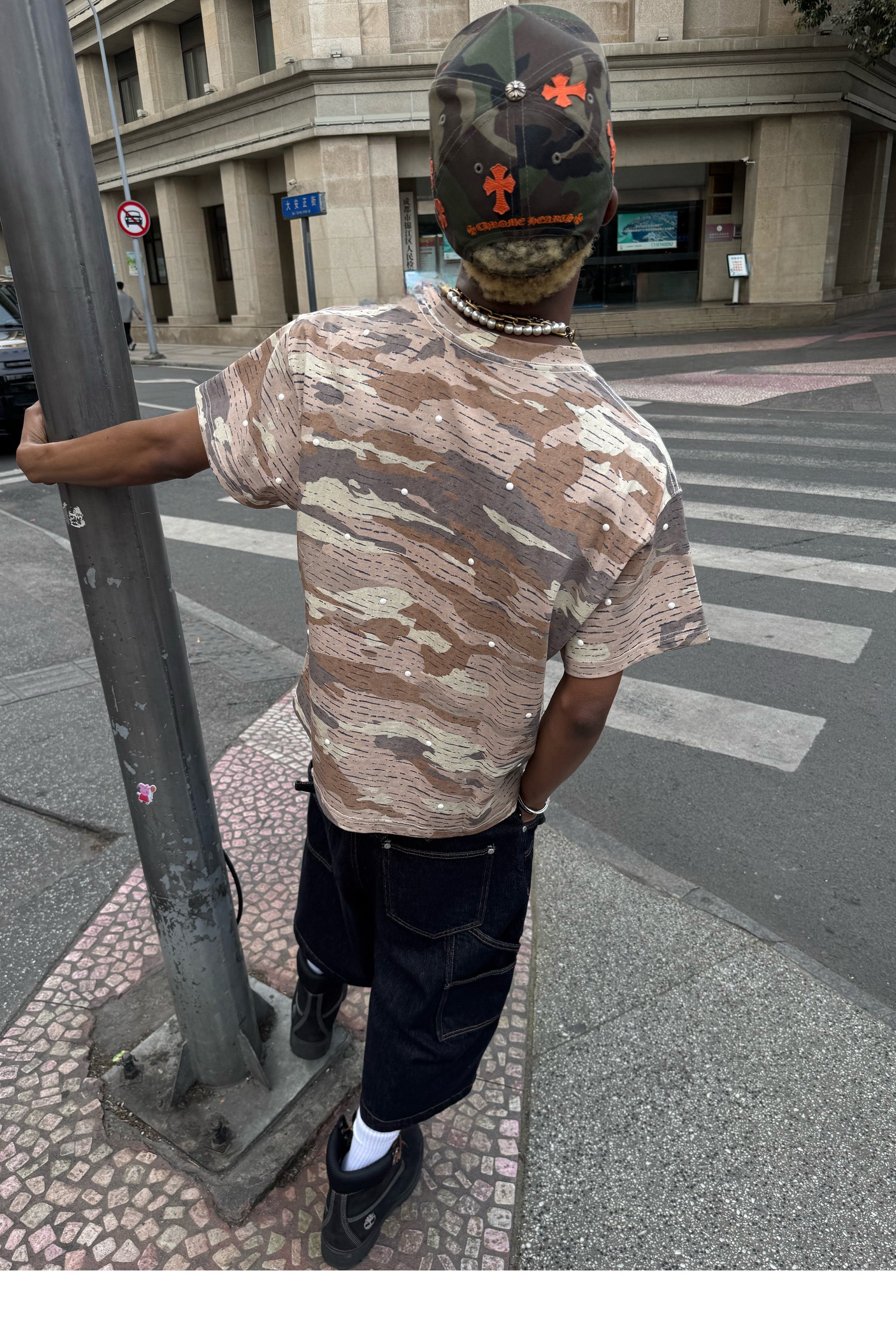 STEEPC Aged Desert Camo Pearl Embellished Print Tee