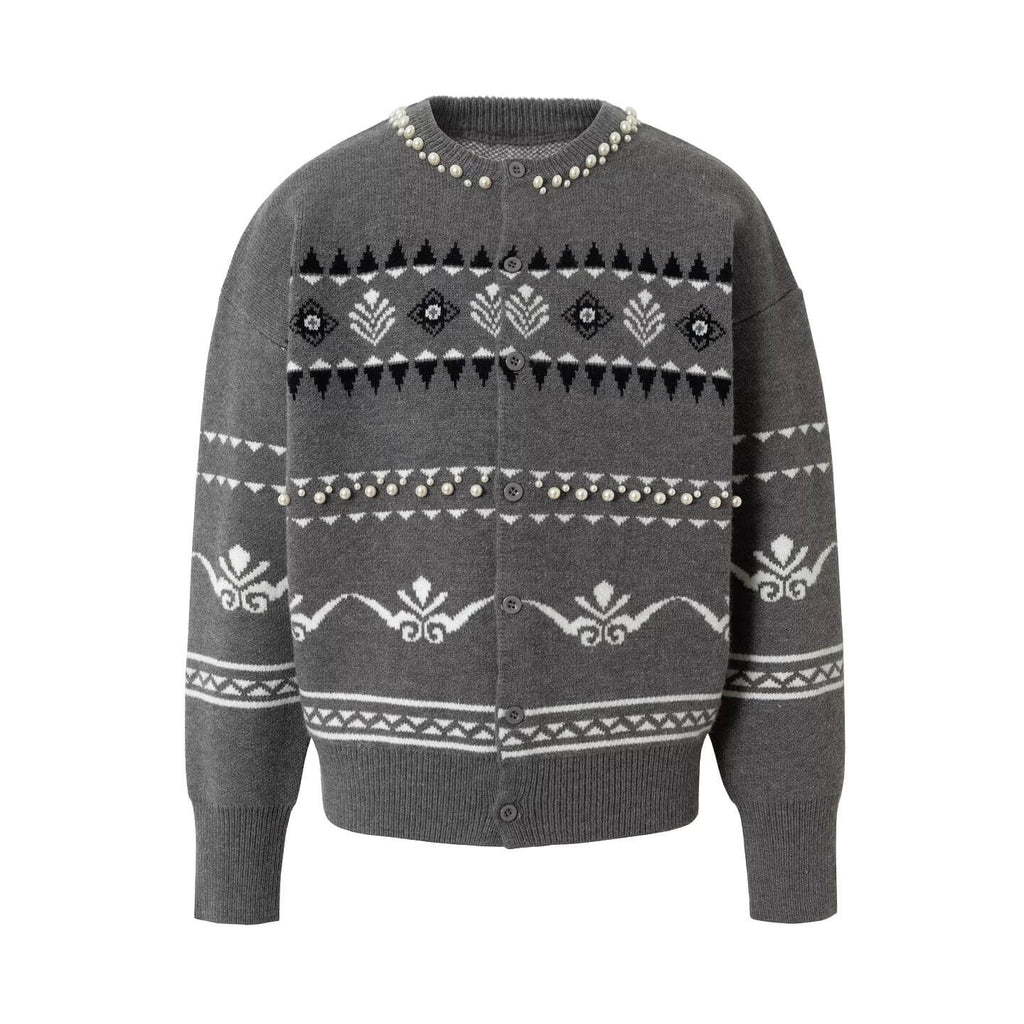 YADcrew Pearl Embellished Fair Isle Knit Crew Neck Cardigan