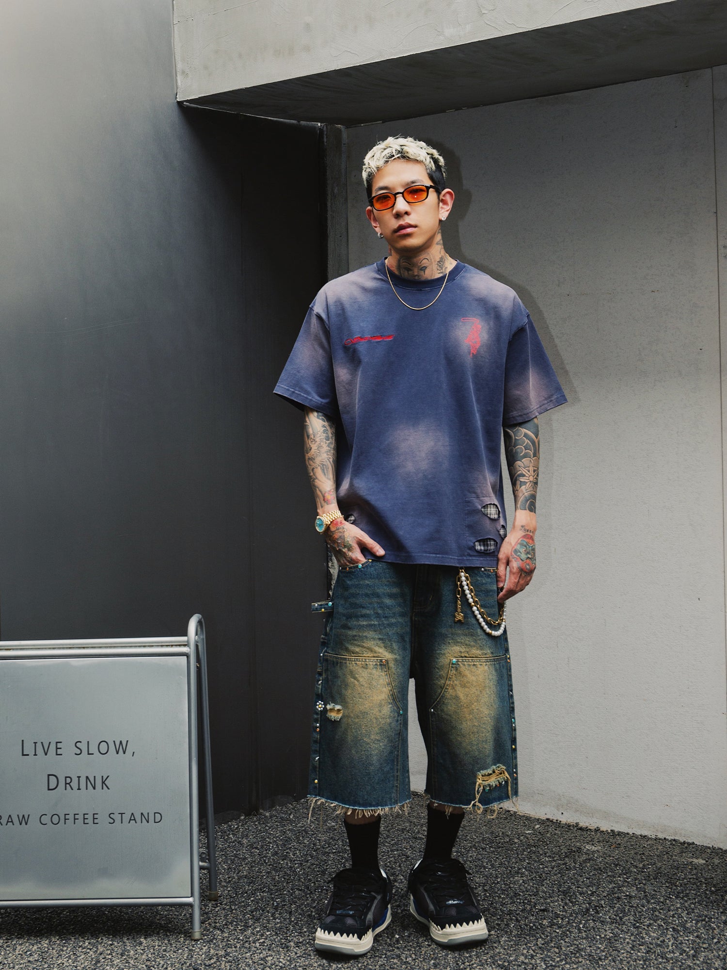 S45 Plaid Patchwork Washed Embroidered Logo Tee