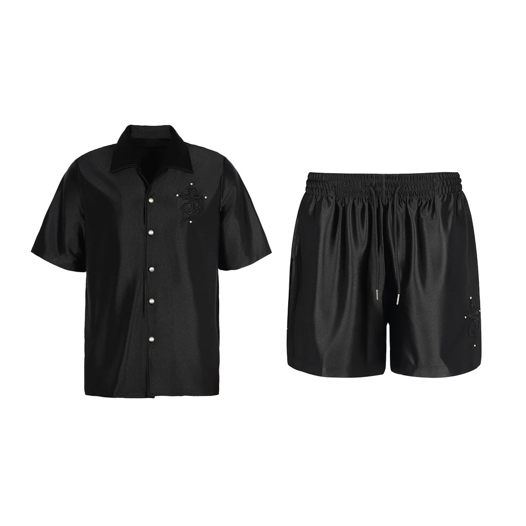 Small Town Kid 3D Cross Embroidered Satin Cuban Shirt Set