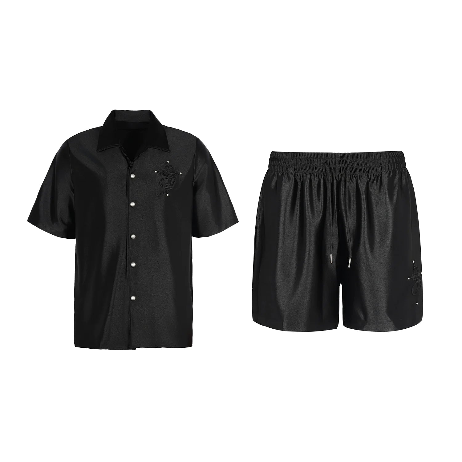Small Town Kid 3D Cross Embroidered Satin Cuban Shirt Set