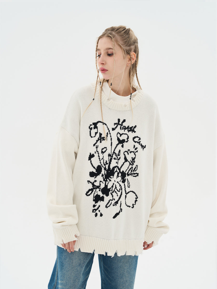 Harsh and Cruel Hand Drawn Flowers Knit Sweater