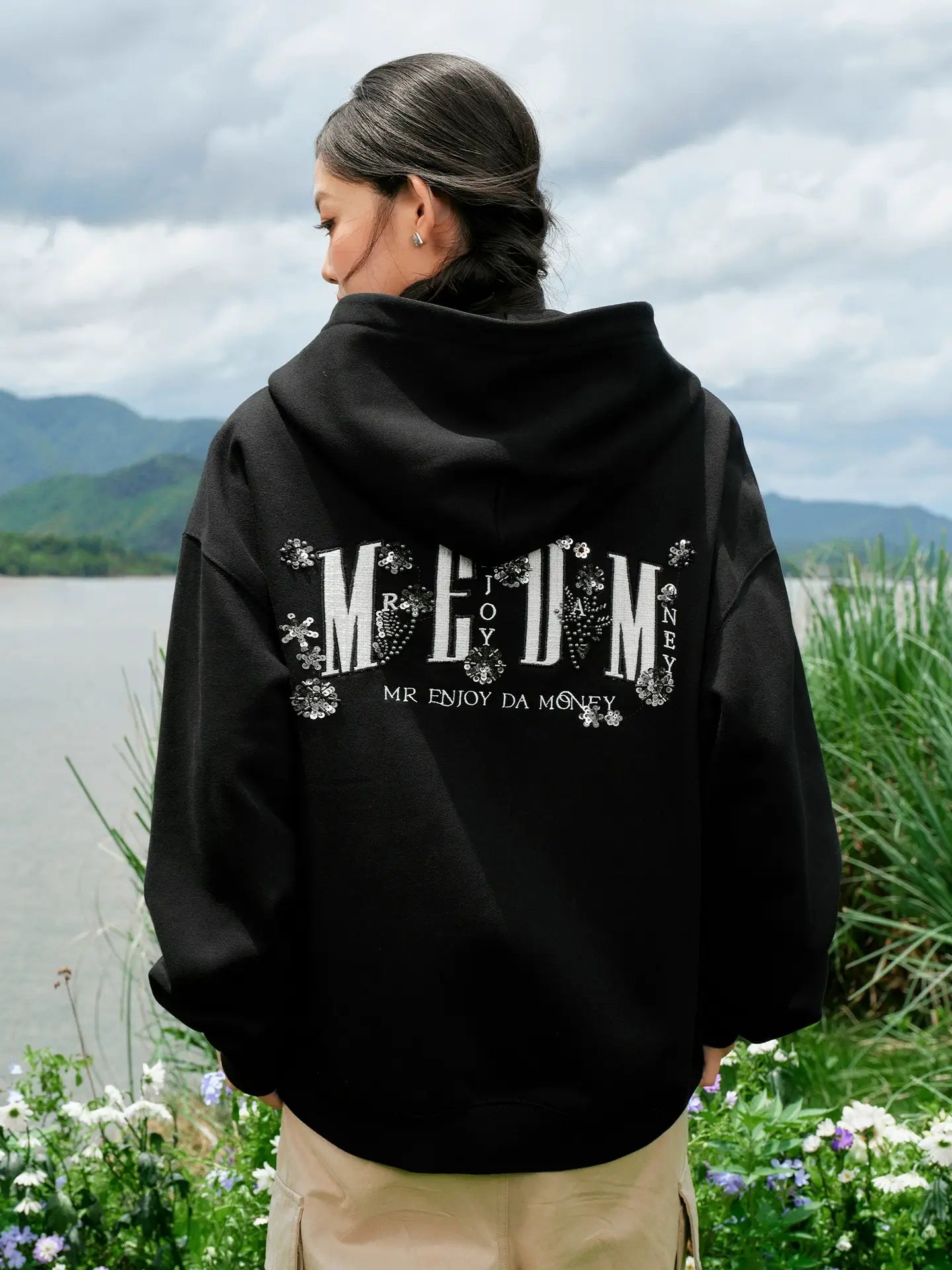 MEDM Beaded Flower Embellished Zip Up Hoodie