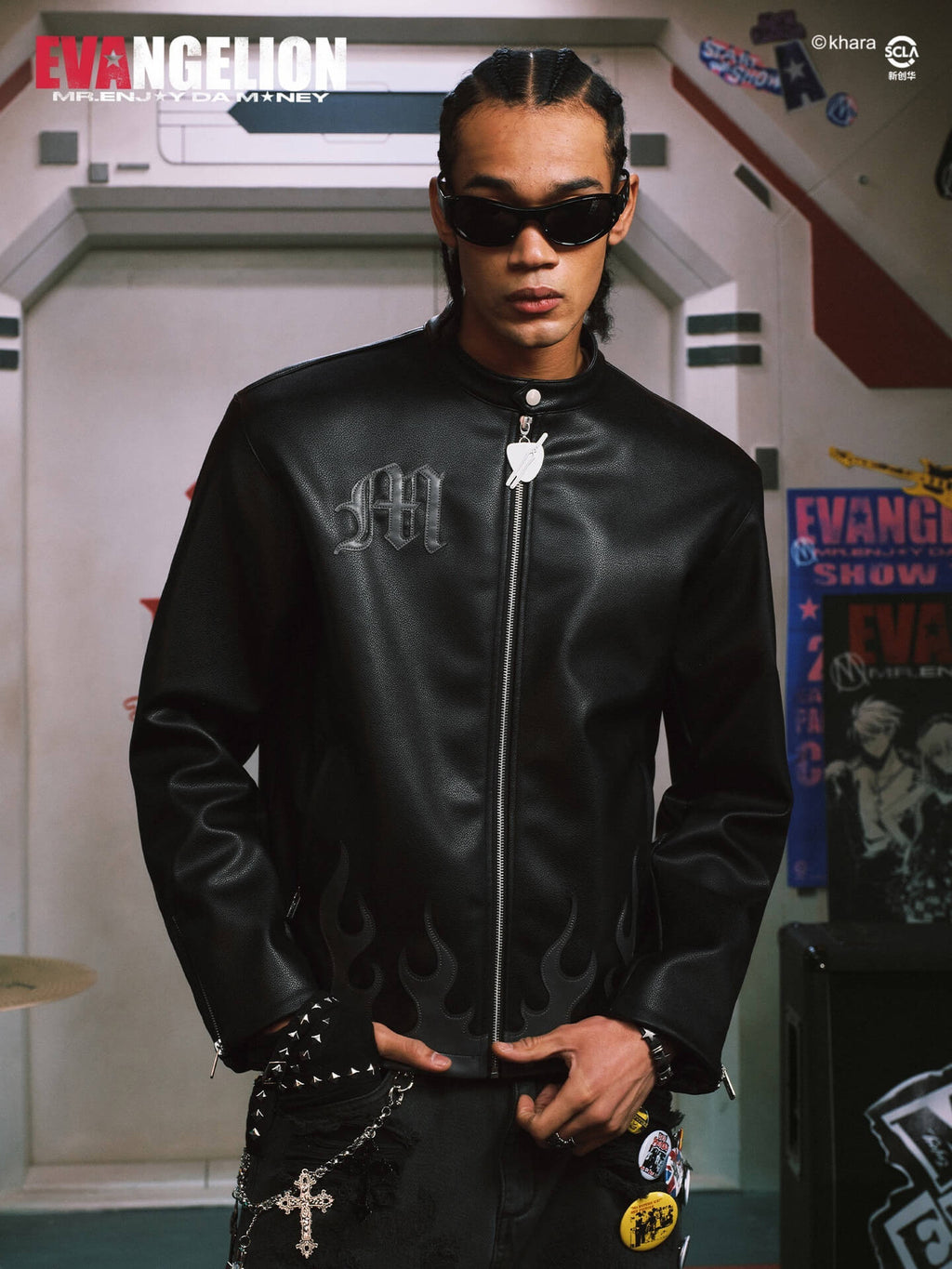 MEDM x EVA NEVER END Flame Character Portraits PU Leather Biker Jacket