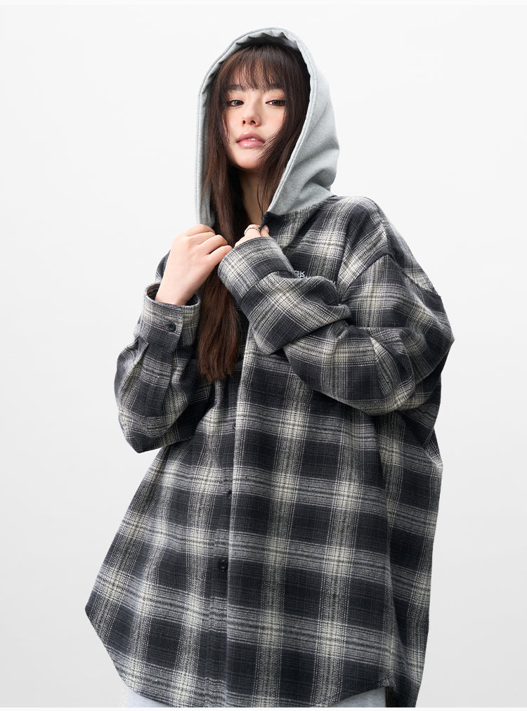 AFGK Plaid Embroidered Hooded Long Sleeve Shirt
