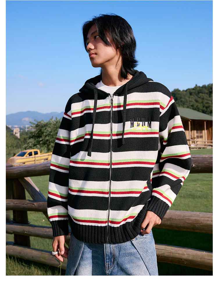 MEDM Colorful Stripes Zip-Up Knit Hoodie