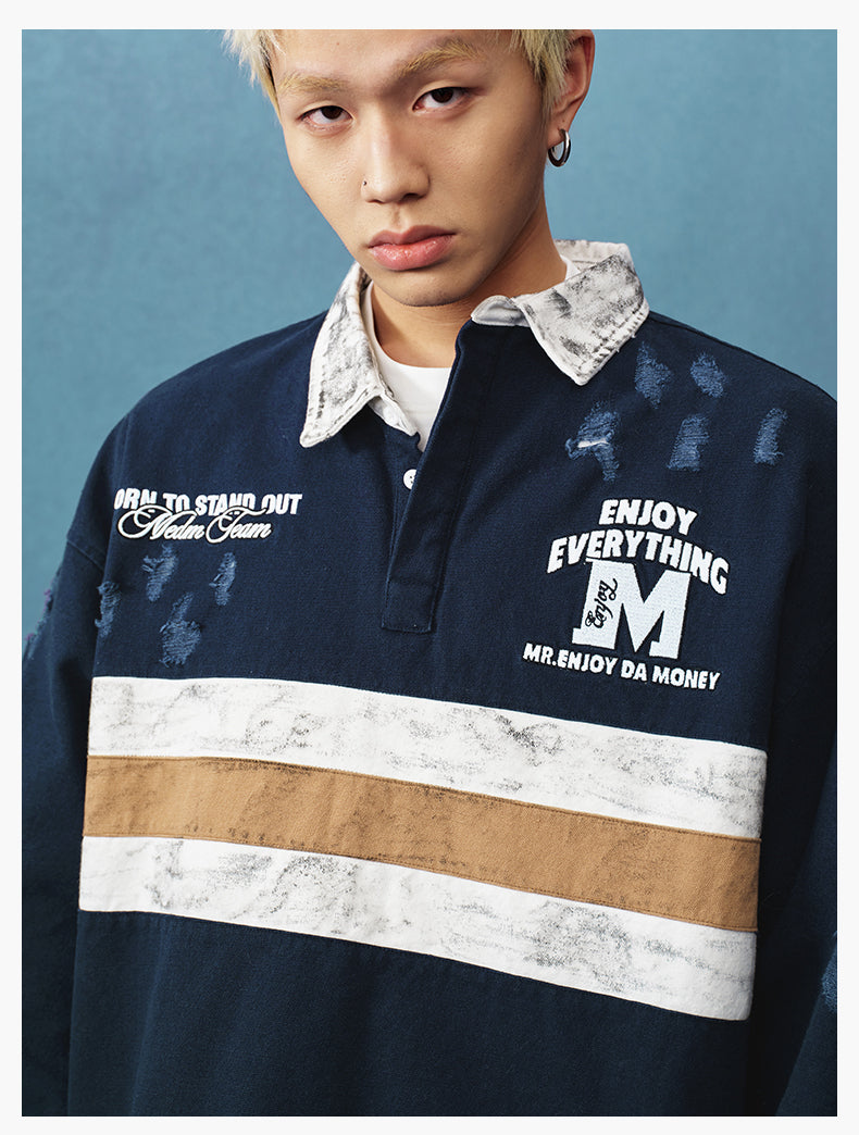 MEDM Asymmetric Collar Stripes Long Sleeve Polo