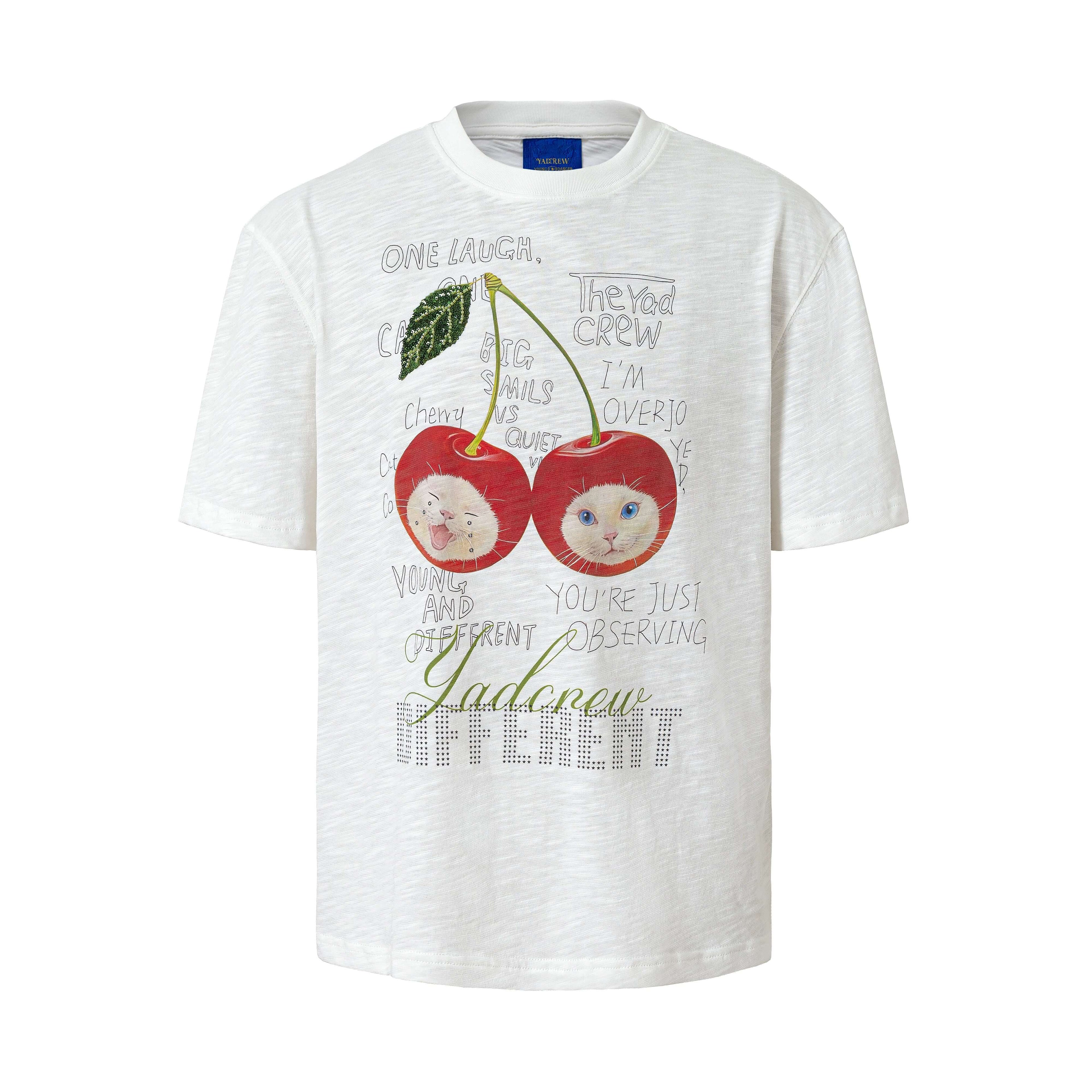 YADcrew Cherry Cat Print Bead and Rhinestone Tee