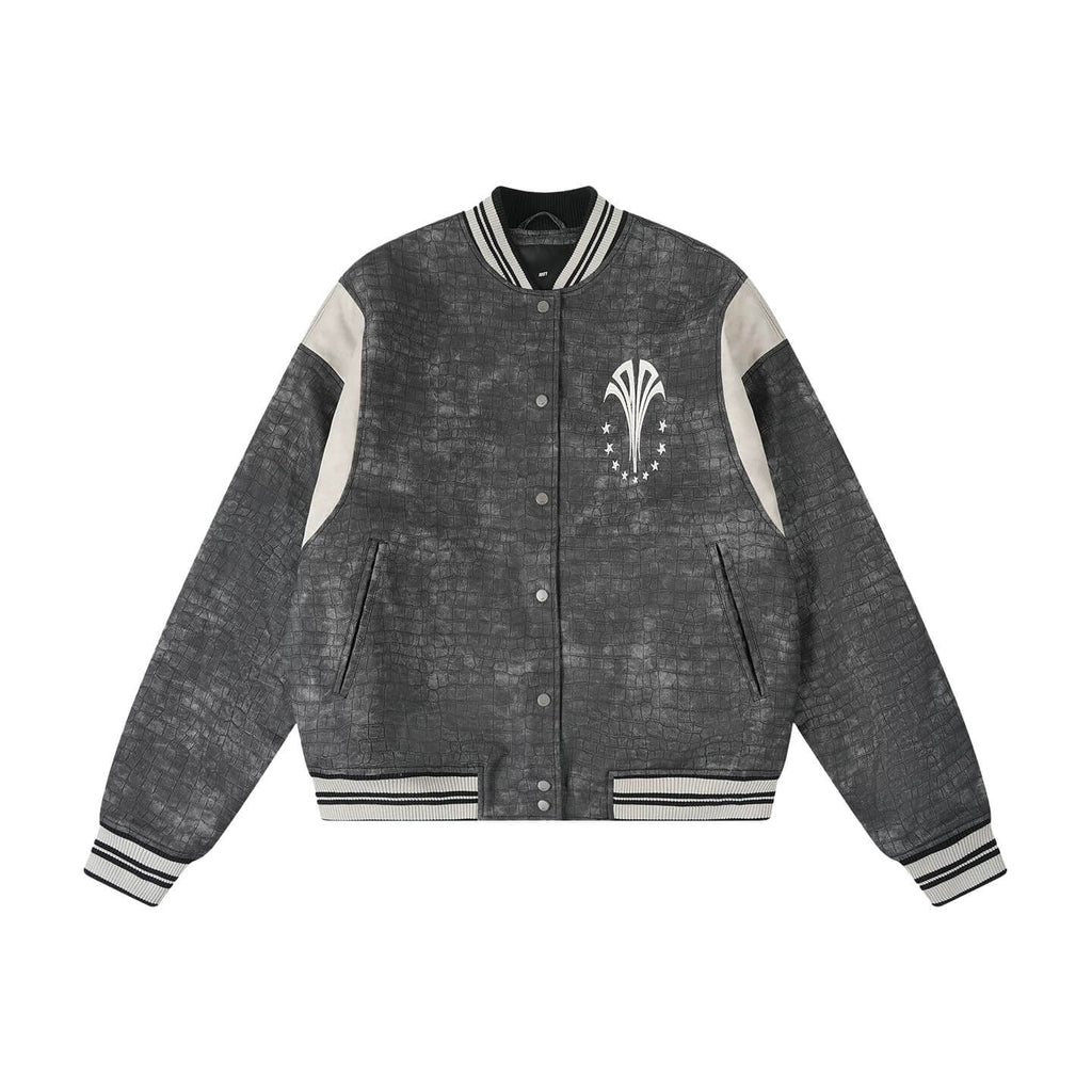 1807 In Here Crocodile PU Leather Varsity Jacket