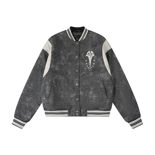 1807 In Here Crocodile PU Leather Varsity Jacket