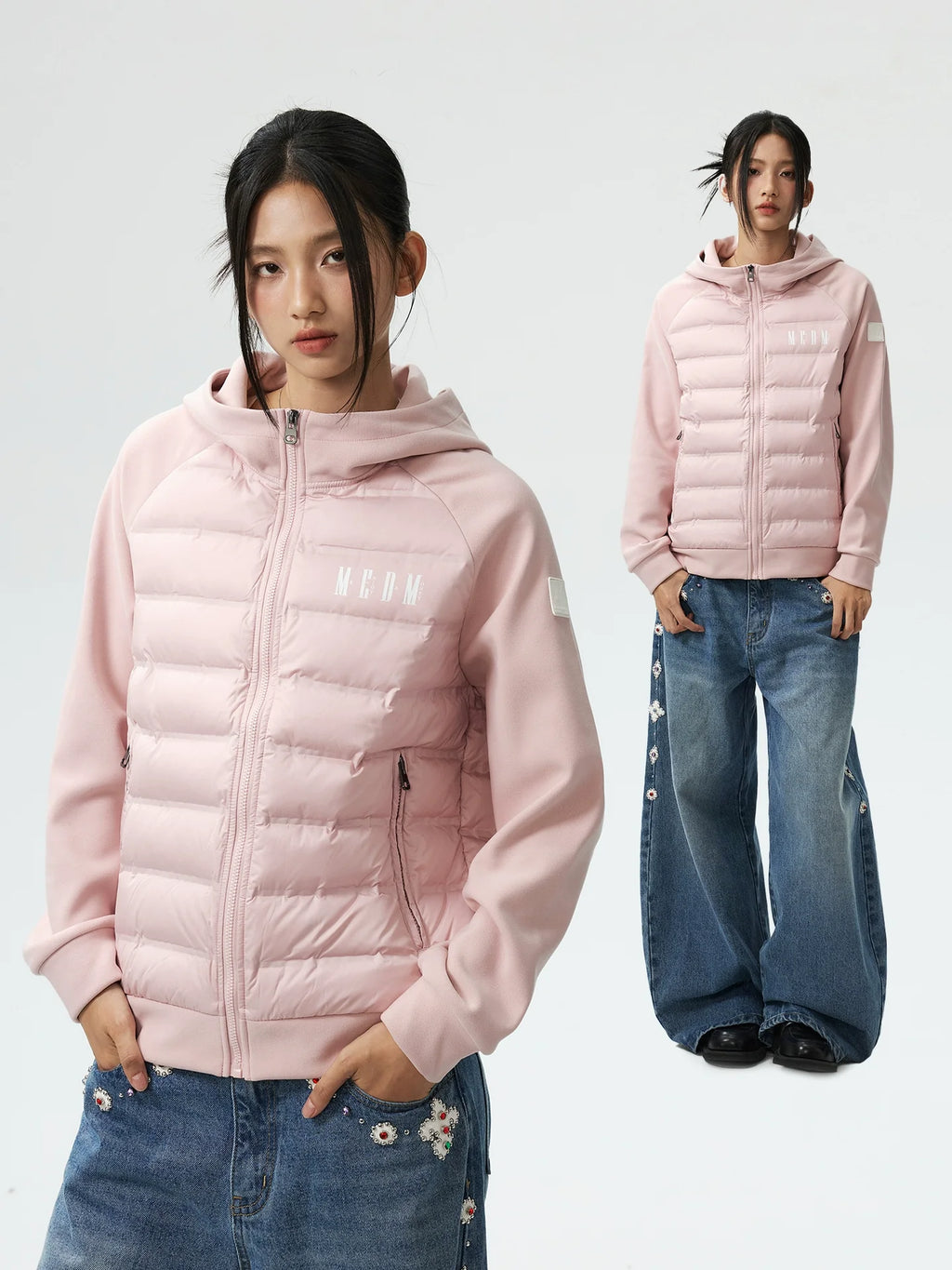 MEDM Patchwork Raglan Sleeve Lightweight Hooded Down Jacket