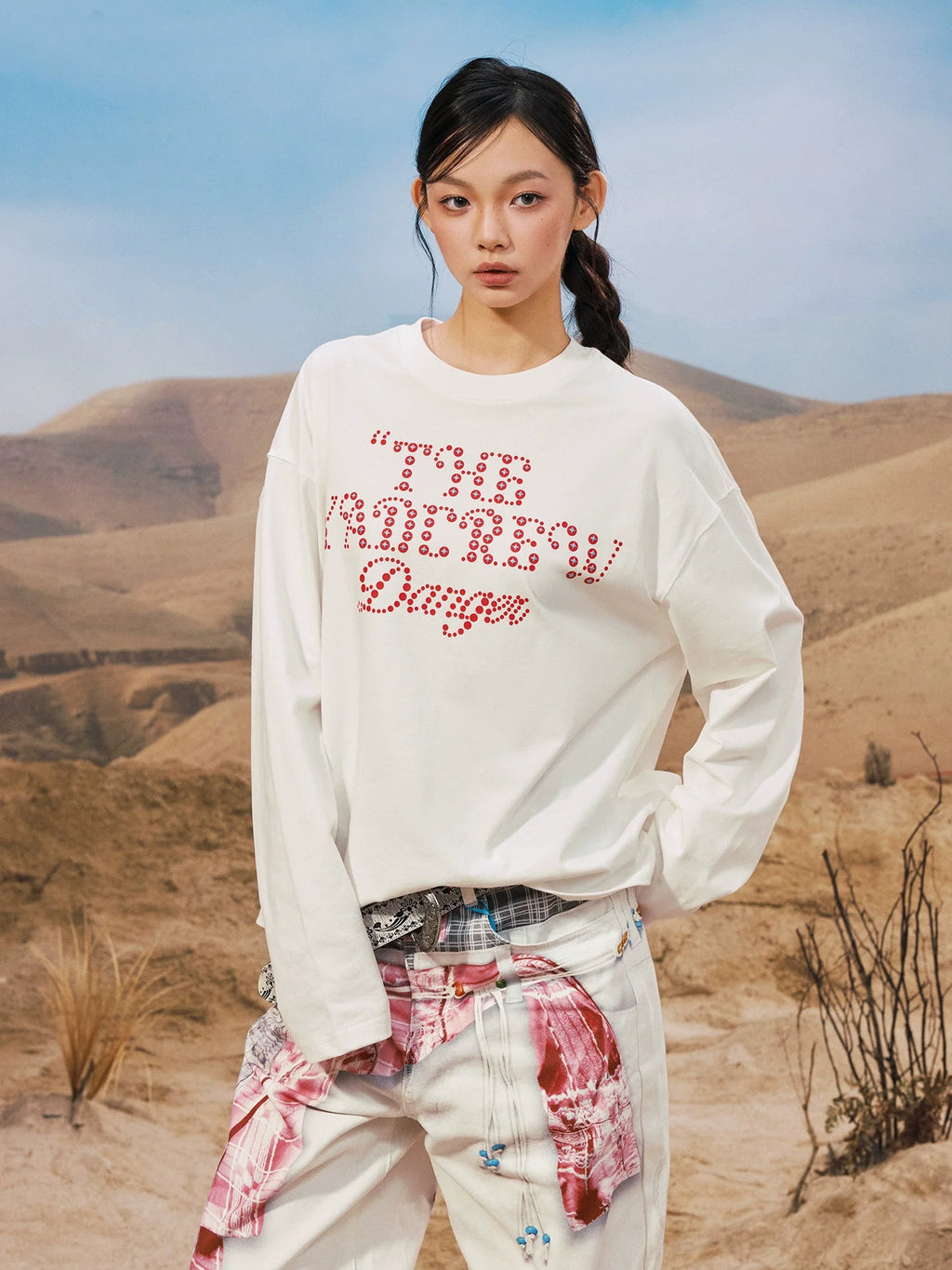 YADcrew Polka Dot Star Foam Print Long Sleeve Tee