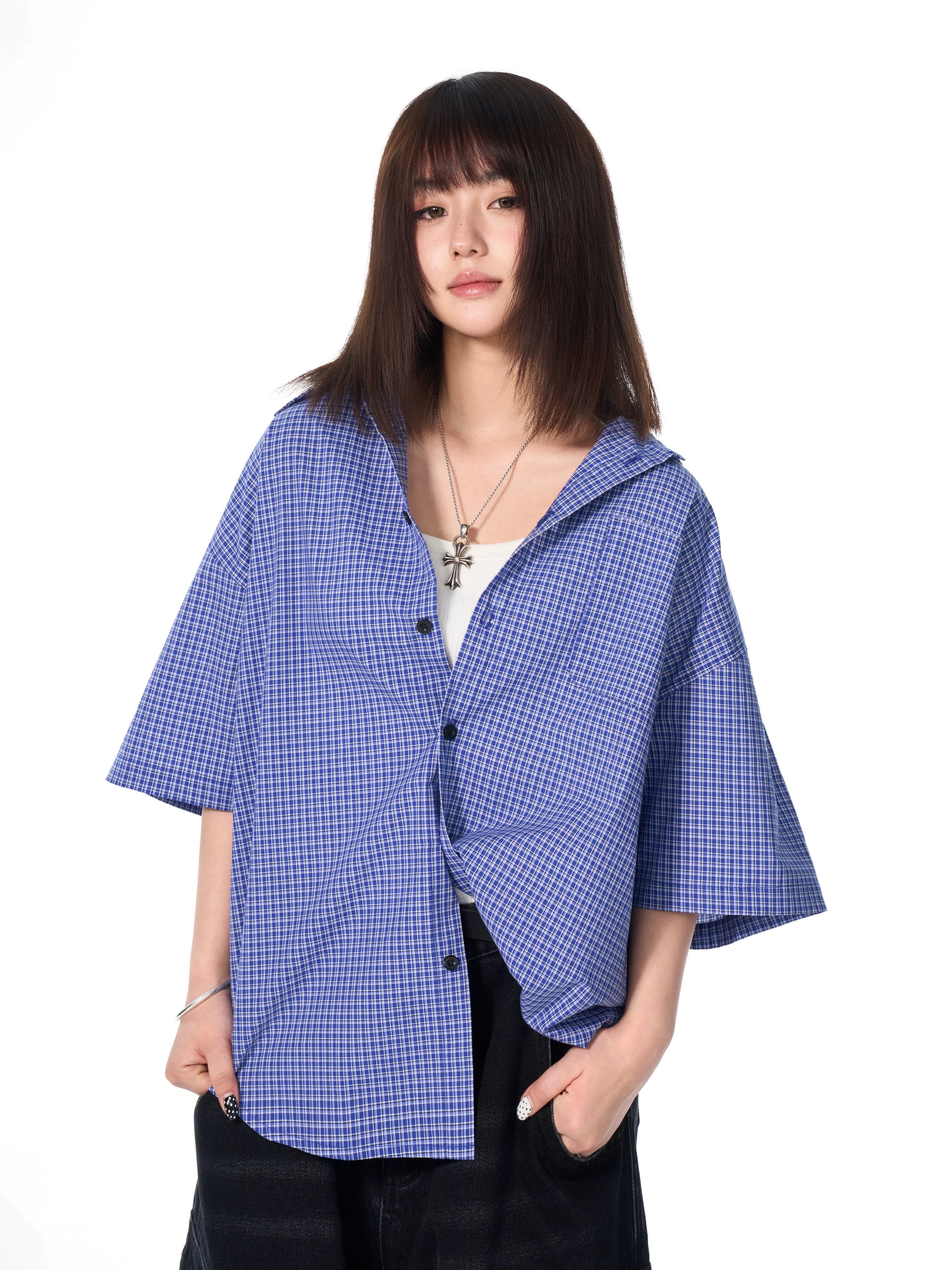 AFGK Plaid Leather Patch Short Sleeve Shirt