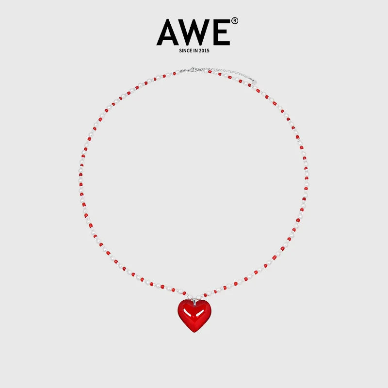 AWE Red Heart Pearl Necklace