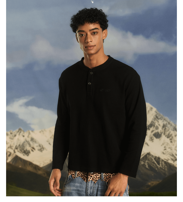 S45 Waffle Henley Neck Long Sleeve Tee