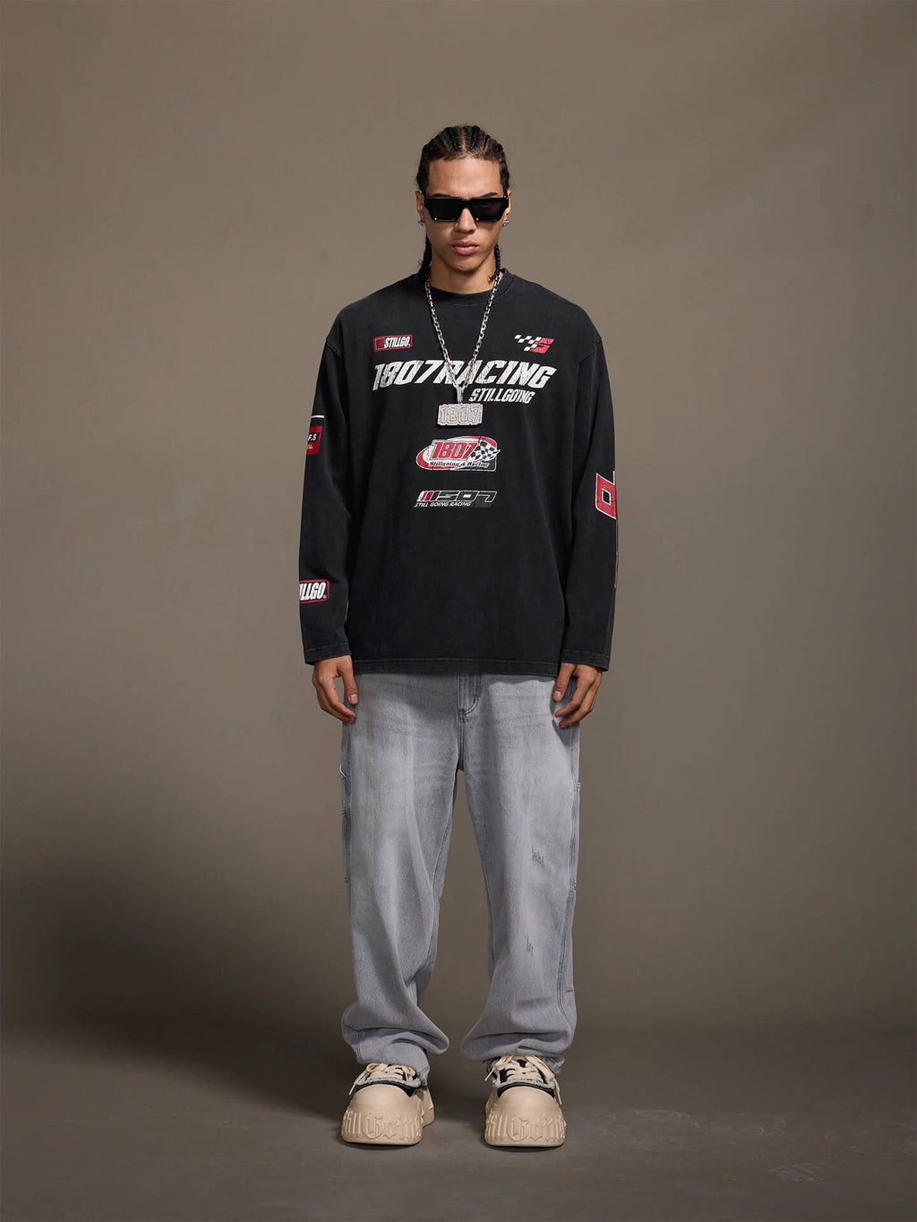 1807 Racing Vintage Printed Distressed Long Sleeve Tee