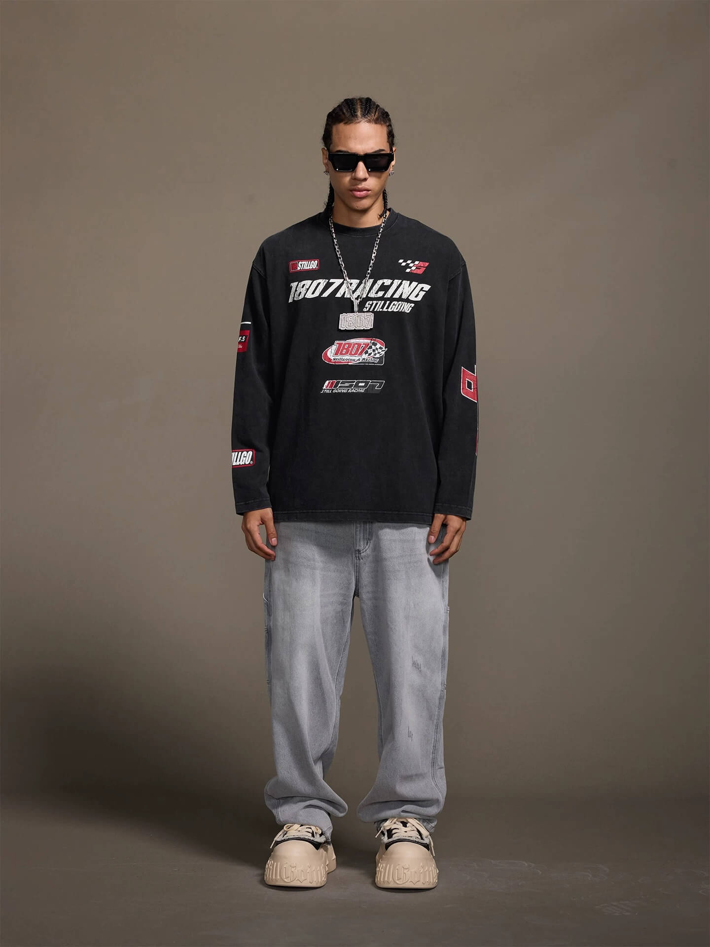 1807 Racing Vintage Printed Distressed Long Sleeve Tee