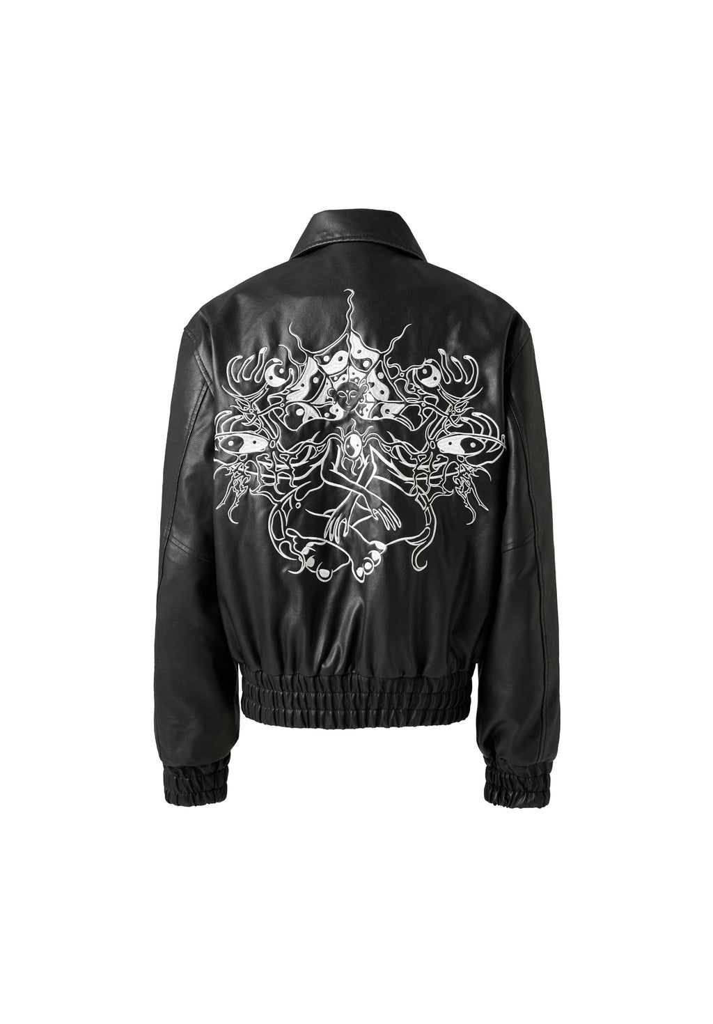 KARMANISTIC Graphic Embroidered Leather Short Bomber Jacket