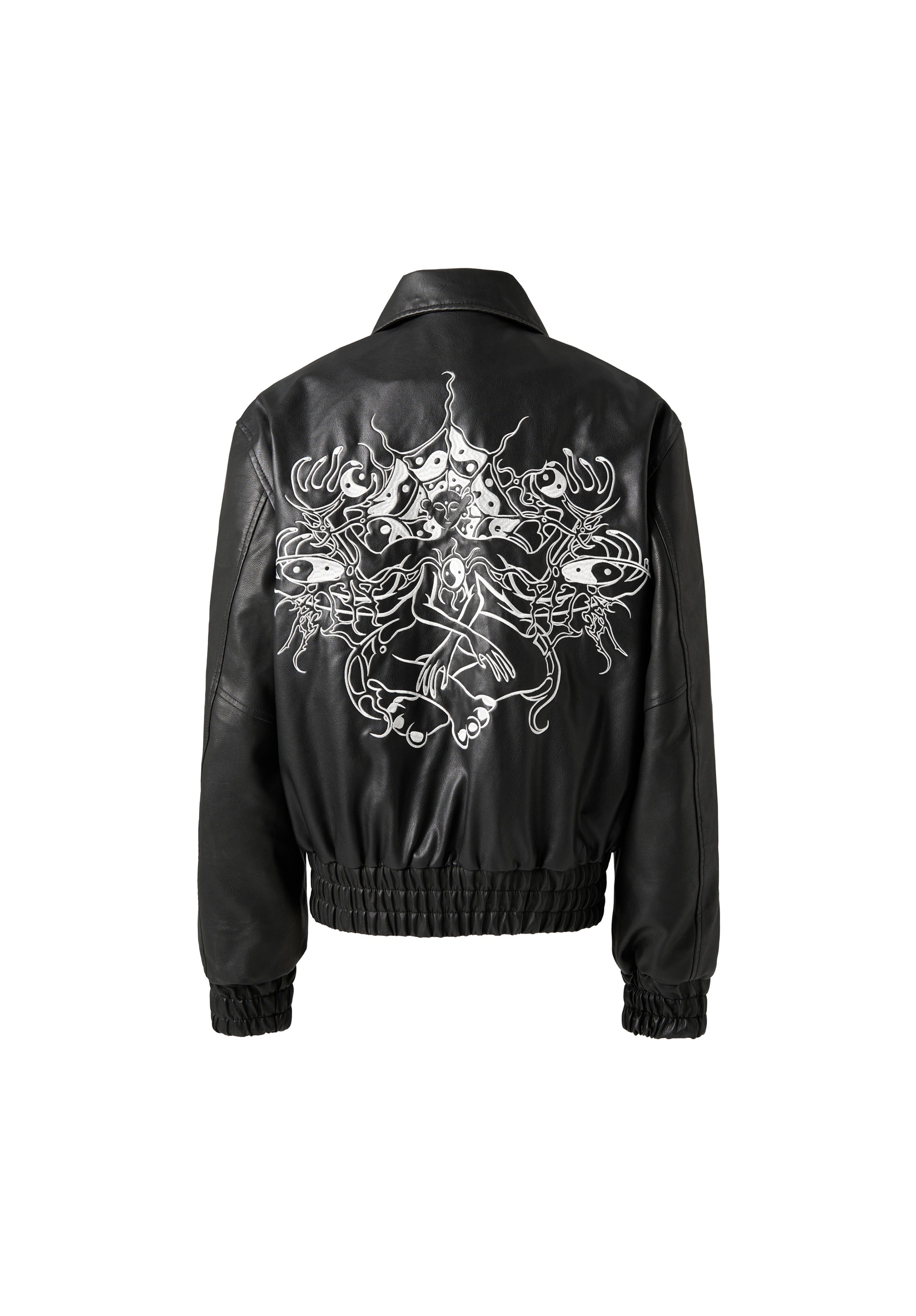 KARMANISTIC Graphic Embroidered Leather Short Bomber Jacket