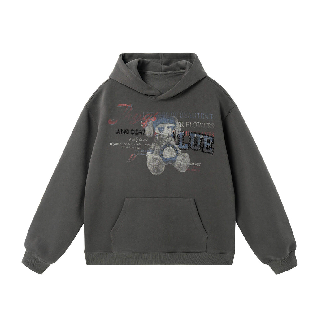 JHYQ Vintage Bear Print Bead Studded Hoodie
